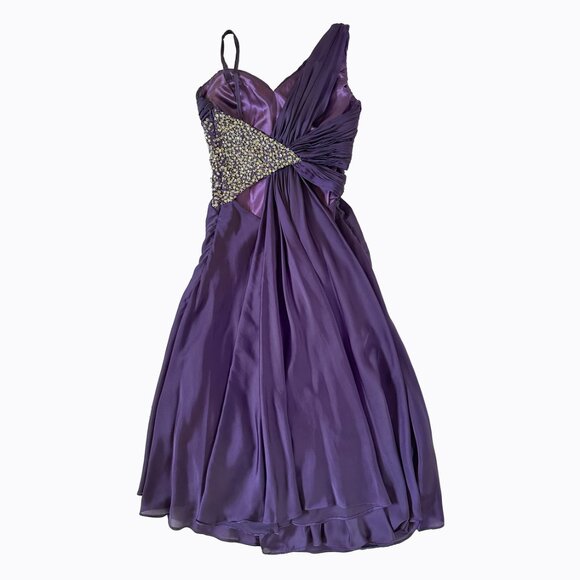 Vintage Babydoll Purple Dress XS/S Asymmetrical Ruched Bodice 90s Y2K Whimsigoth - Picture 2 of 12